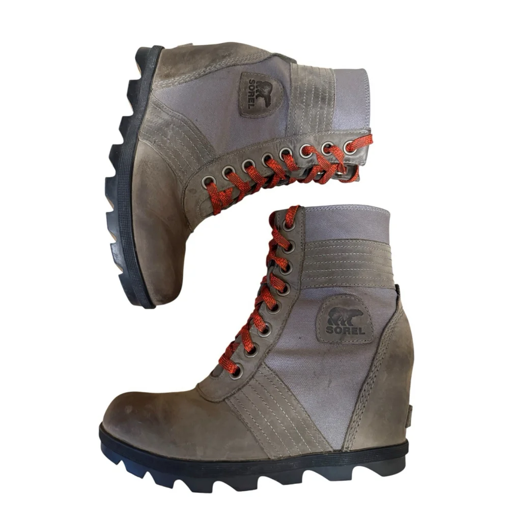 Sorel‎ Boot Women’s Size 8.5 Leather Lexie Lace Up Wedge Waterproof Quarry Grey